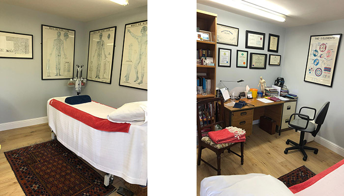 Kate Hurley's treatment room in Naas showing the acupuncture table and consultation desk